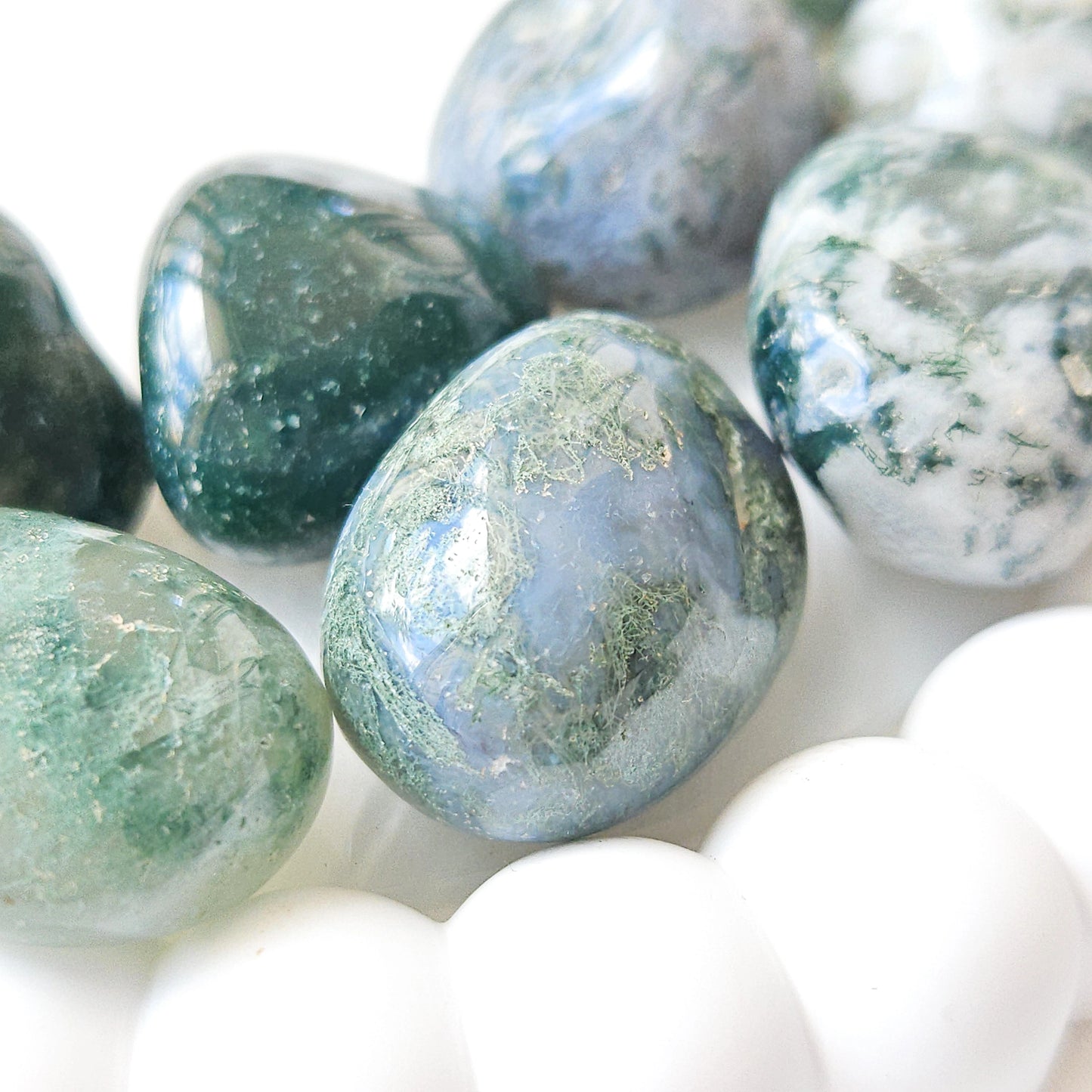 Moss Agate Tumbled Stones Close Up