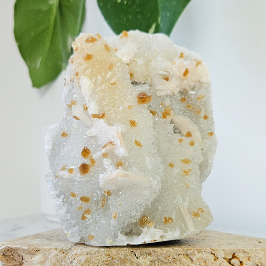 Honey Calcite On Druzy Quartz Cluster - RARE