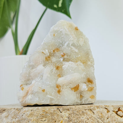 Honey Calcite On Druzy Quartz Cluster - RARE