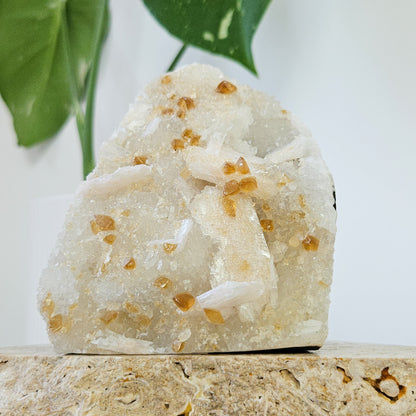 Honey Calcite On Druzy Quartz Cluster - RARE