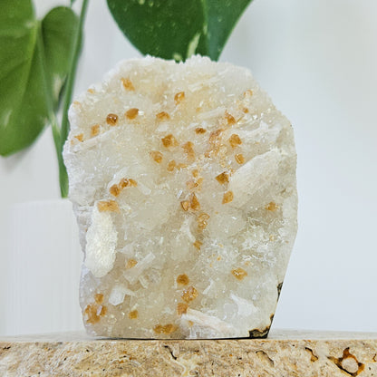 Honey Calcite On Druzy Quartz Cluster - RARE