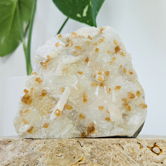 Honey Calcite On Druzy Quartz Cluster - RARE