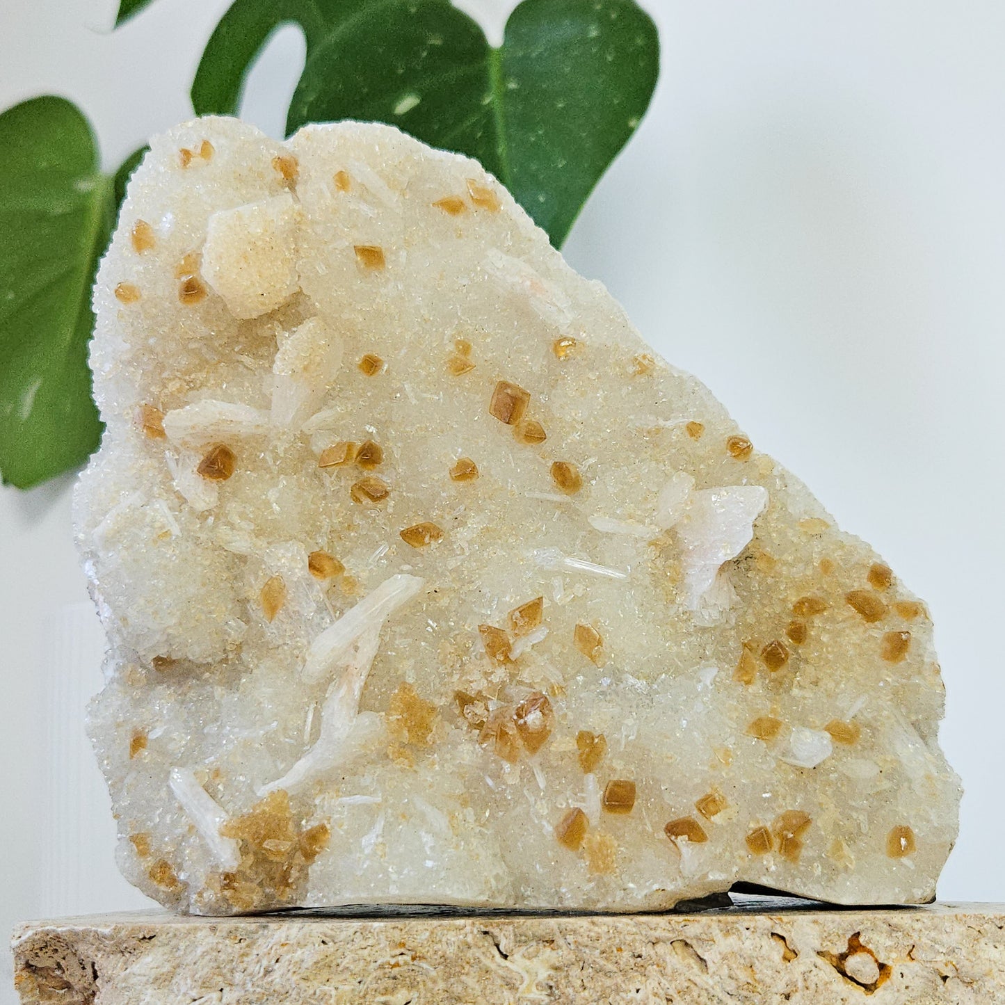 Honey Calcite On Druzy Quartz Cluster - RARE