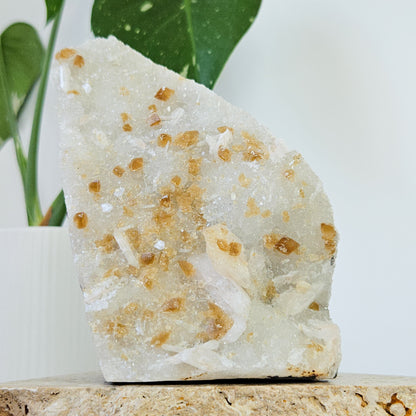 Honey Calcite On Druzy Quartz Cluster - RARE