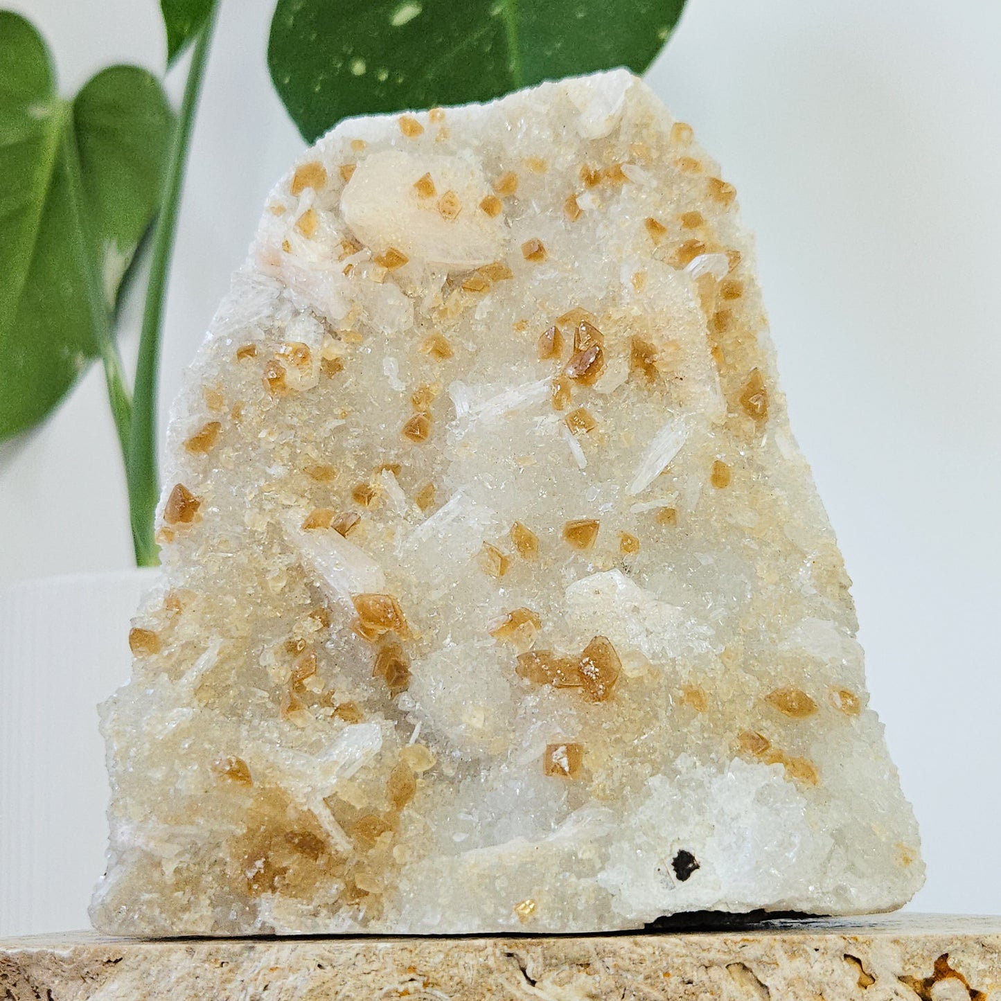 Honey Calcite On Druzy Quartz Cluster - RARE