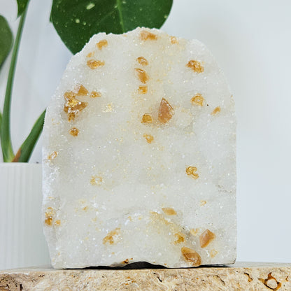 Honey Calcite On Druzy Quartz Cluster - RARE