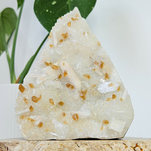 Honey Calcite On Druzy Quartz Cluster - Repaired*