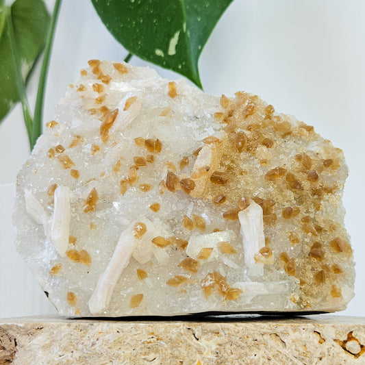 Honey Calcite On Druzy Quartz Cluster - RARE