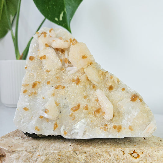 Honey Calcite On Druzy Quartz Cluster - RARE