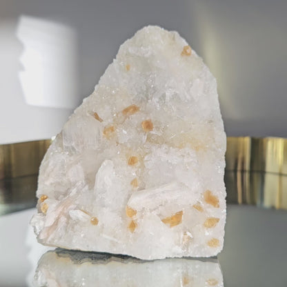 Honey Calcite On Druzy Quartz Cluster - RARE