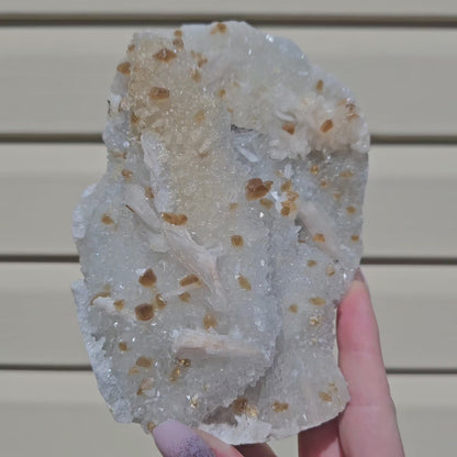 Honey Calcite On Druzy Quartz Cluster - RARE