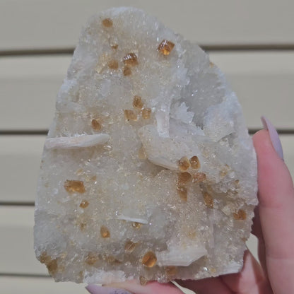 Honey Calcite On Druzy Quartz Cluster - RARE